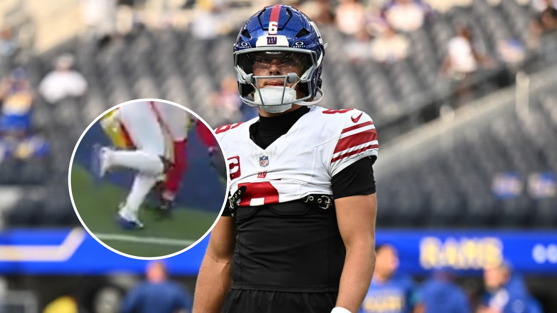 Jaxson Dart tuvo que abandonar el Monday Night Football durante la primera serie ofensiva después de recibir un fuerte golpe en la rodilla izquierda.